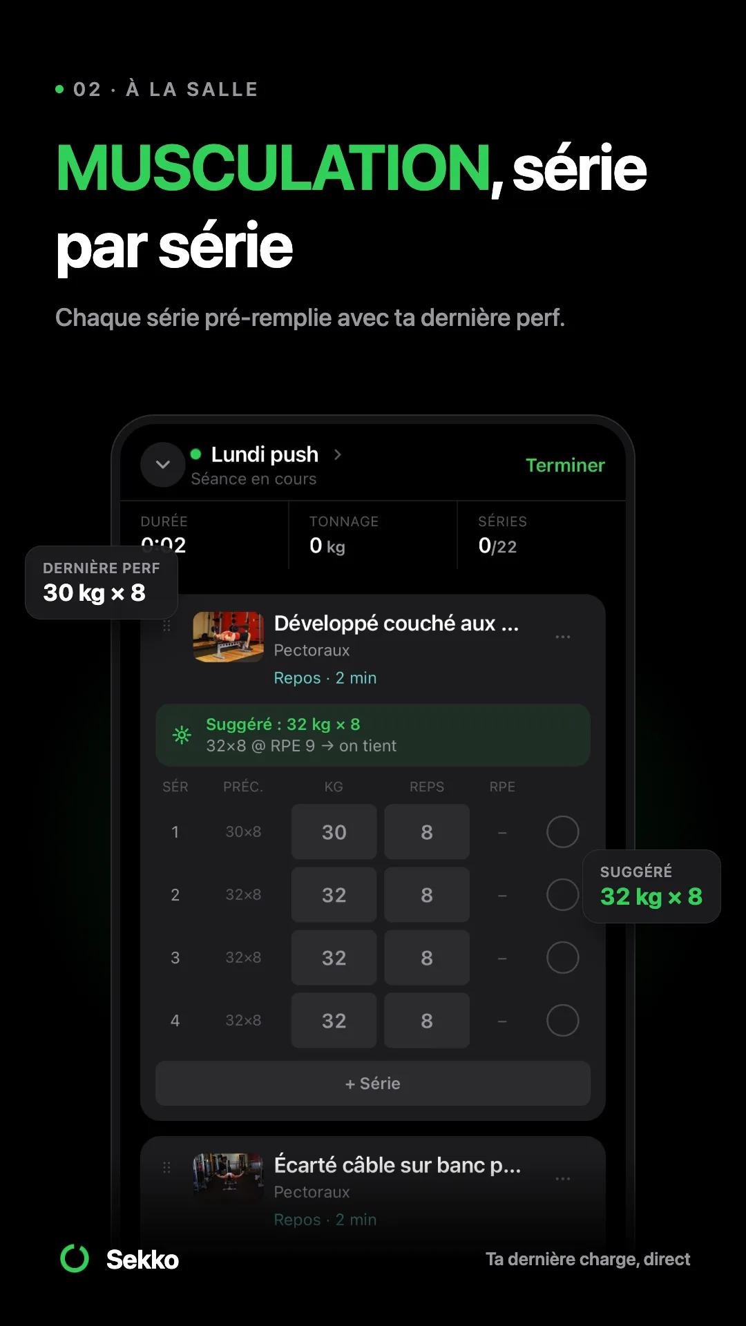 Capture de Sekko, séance de musculation avec séries préremplies